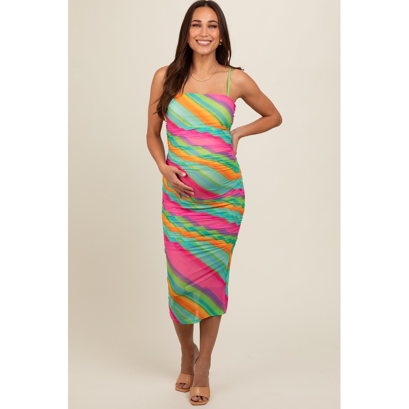 Turquoise Multi Color Mesh Maternity Midi Dress