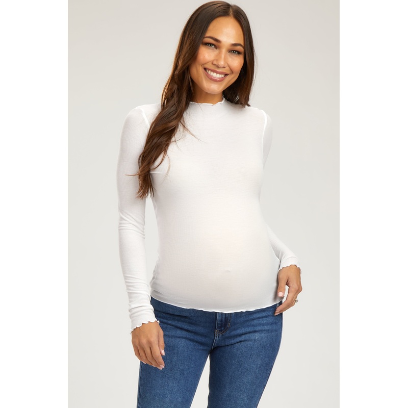 White Ribbed Lettuce Trim Maternity Top