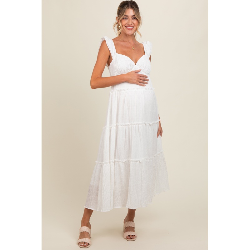 White Textured Tiered Maternity Midi Dress