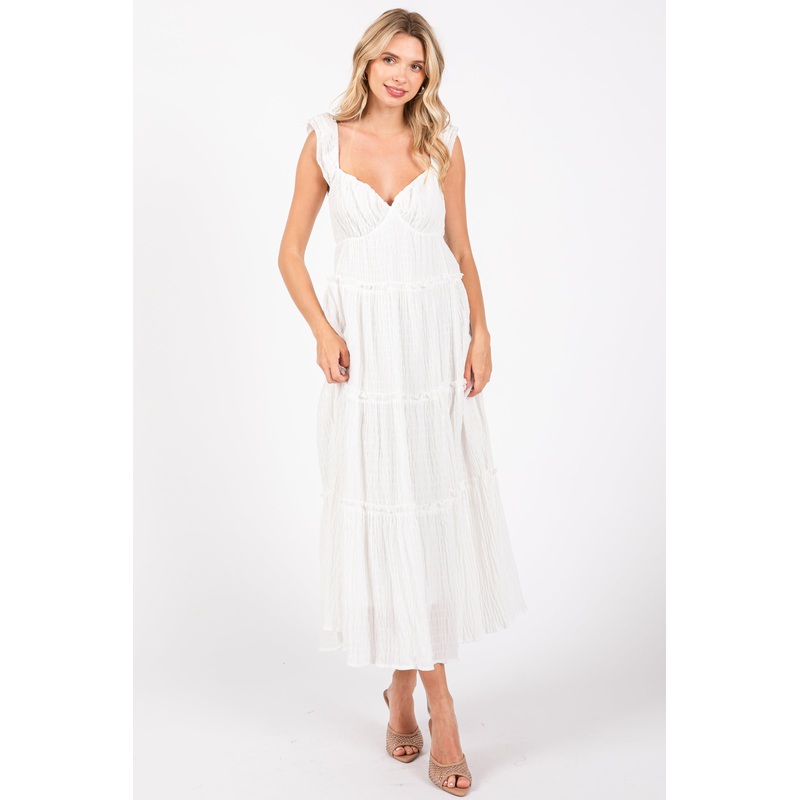 White Textured Tiered Midi Dress