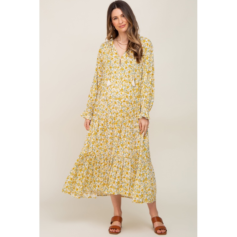 Yellow Floral Front Tie Long Sleeve Tiered Maternity Midi Dress