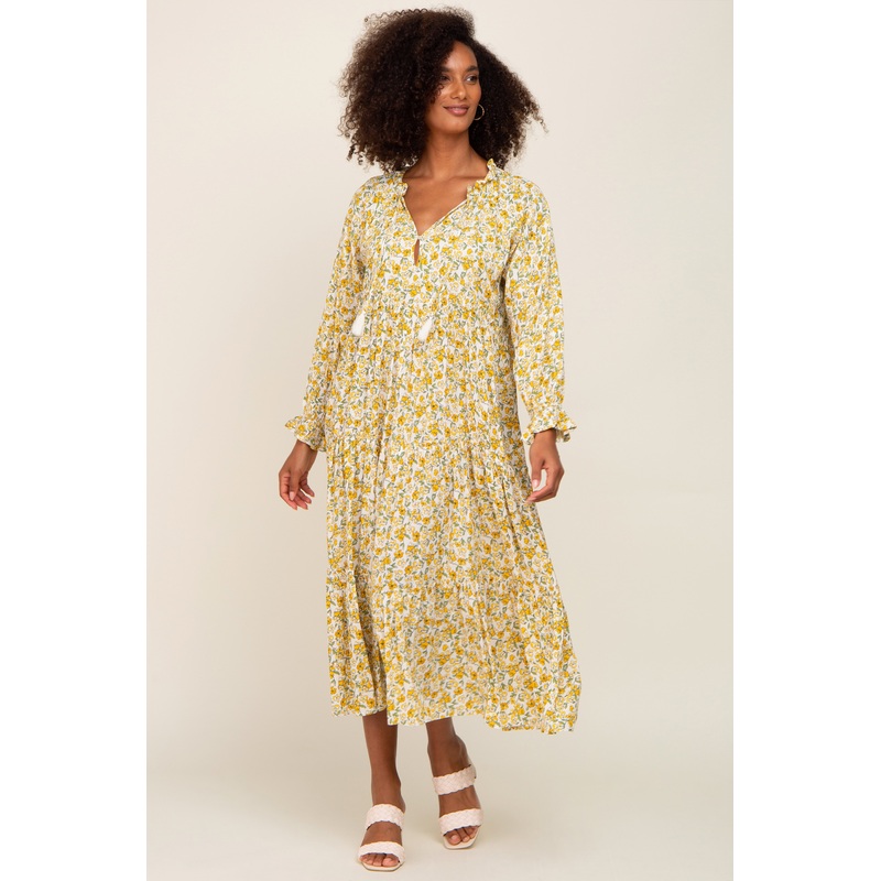 Yellow Floral Front Tie Long Sleeve Tiered Midi Dress