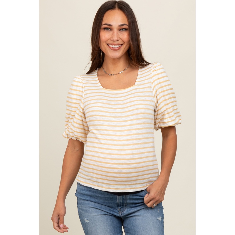 Yellow Striped Puff Sleeve Maternity Top