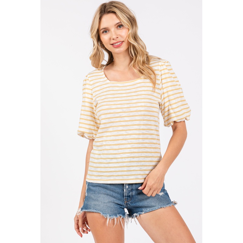 Yellow Striped Puff Sleeve Top