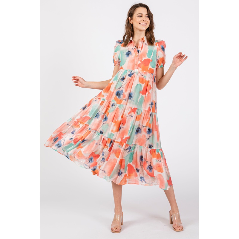 Aqua Floral Button Front Short Sleeve Tiered Midi Dress