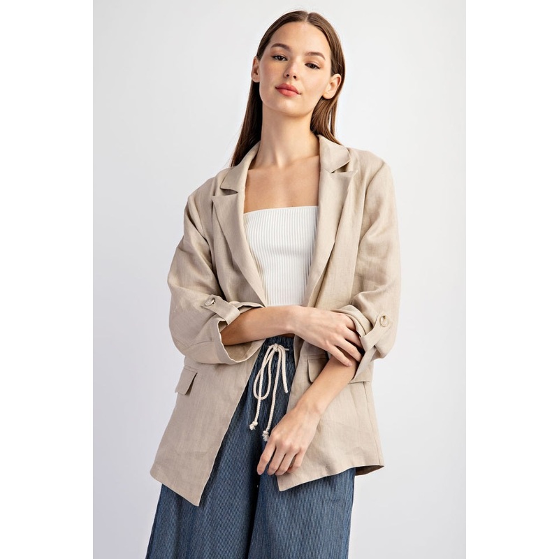 Beige Linen Rolled Cuff Blazer