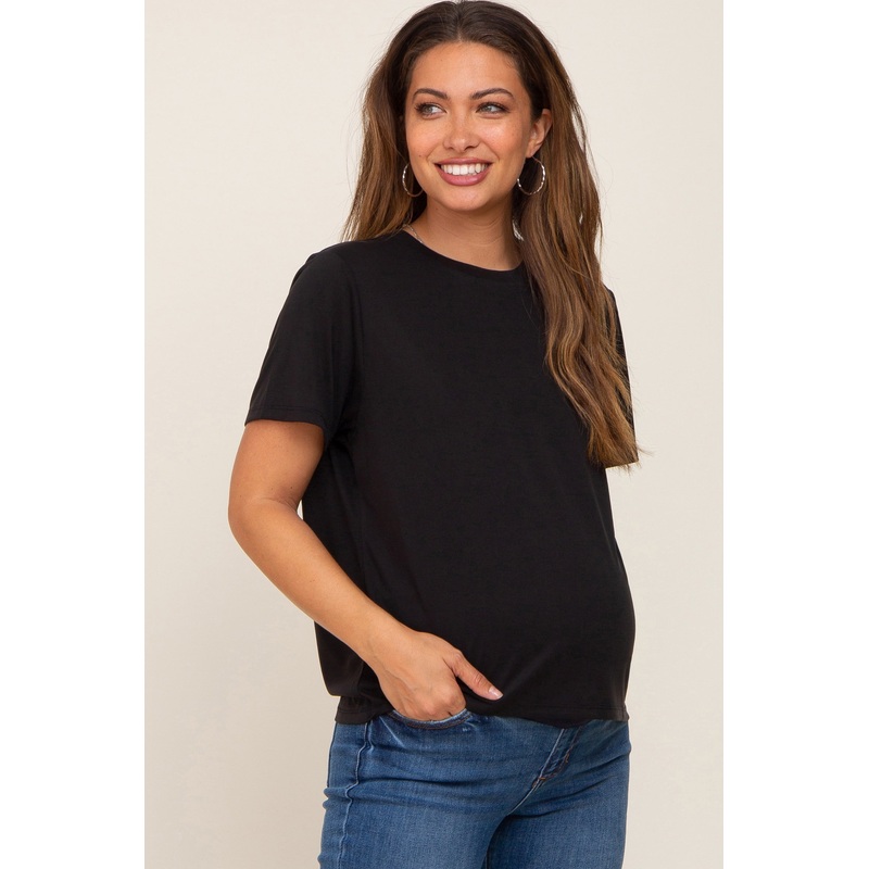 Black Basic Cropped Maternity T-Shirt