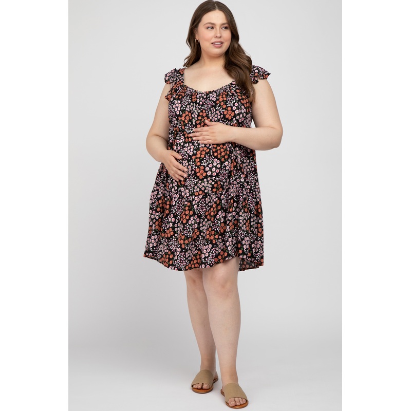 Black Ditsy Floral Flutter Sleeve Maternity Plus Dress