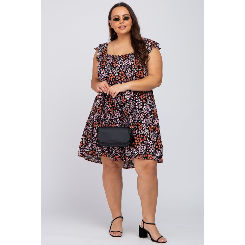 Black Ditsy Floral Flutter Sleeve Plus Dress