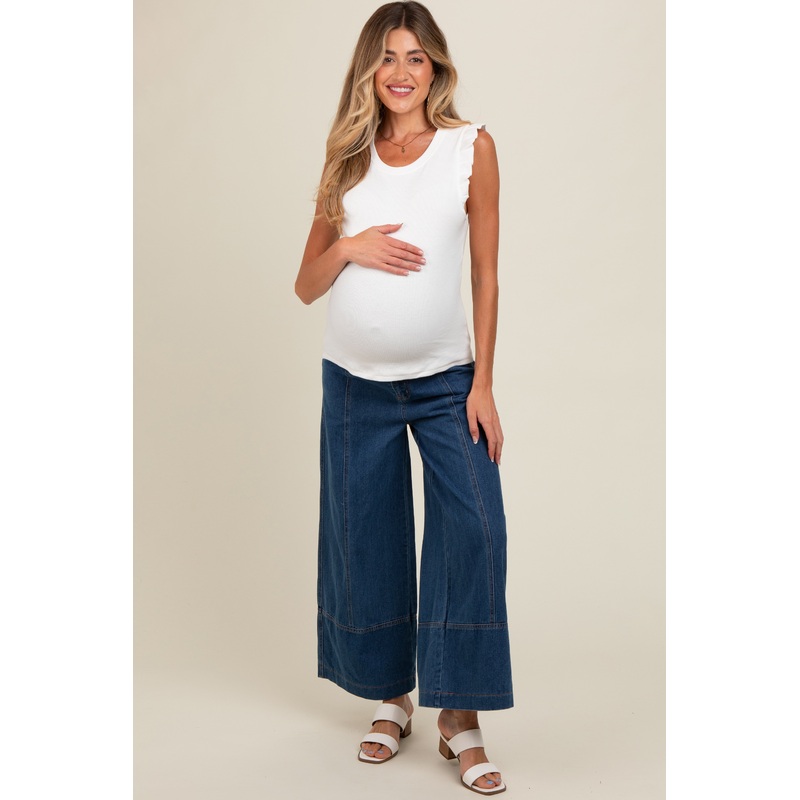 Blue Wide Leg Maternity Ankle Jeans