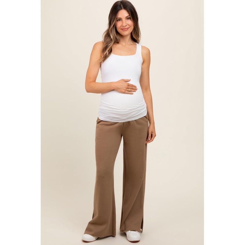 Brown Soft Wide Leg Side Slit Maternity Sweatpants