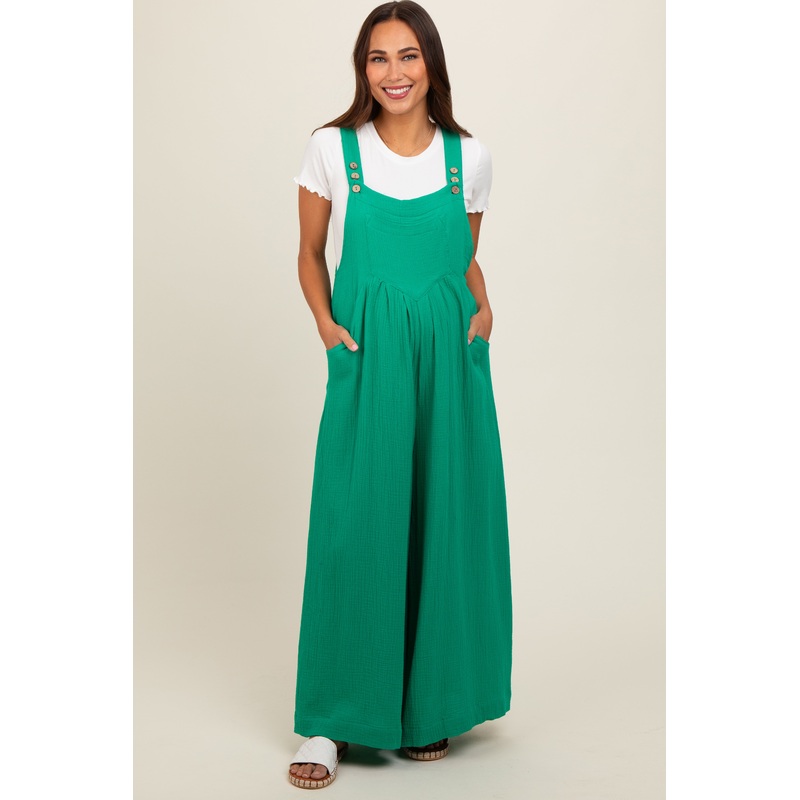 Green Pocket Front Maternity Wide Leg Jumpsuit