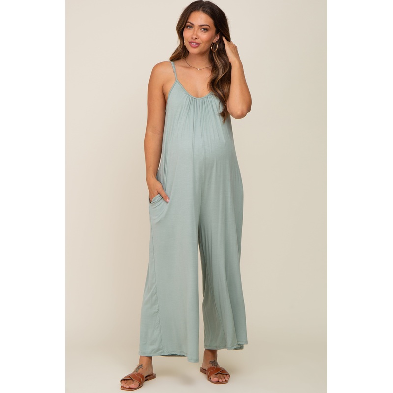 Light Olive Basic Cropped Wide Leg Maternity Jumpsuit