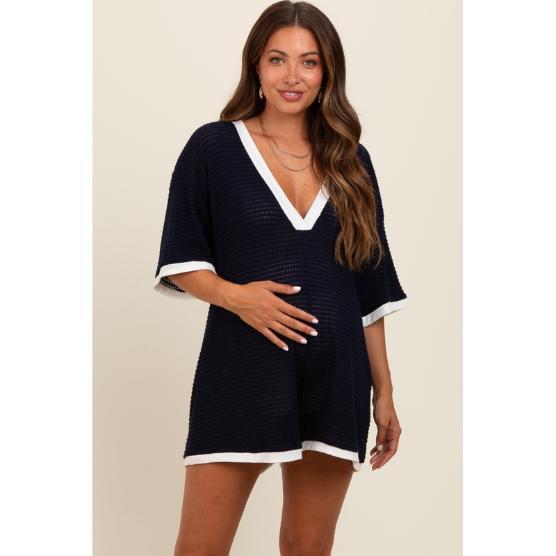 Navy Knit Contrast Trim Deep V-Neck Maternity Romper