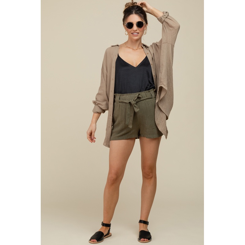 Olive Pinstriped Belted Maternity Shorts