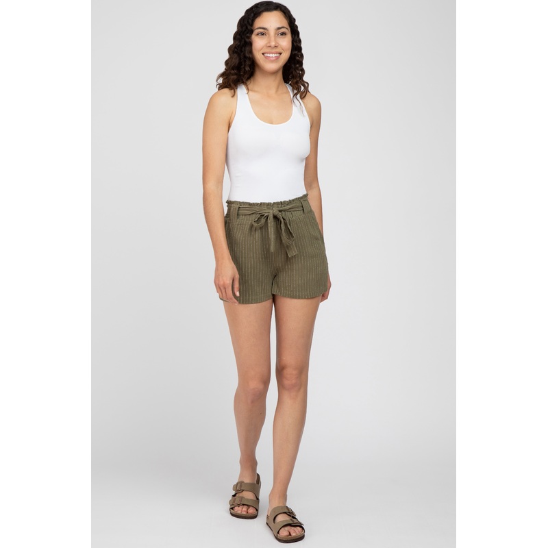 Olive Pinstriped Belted Shorts