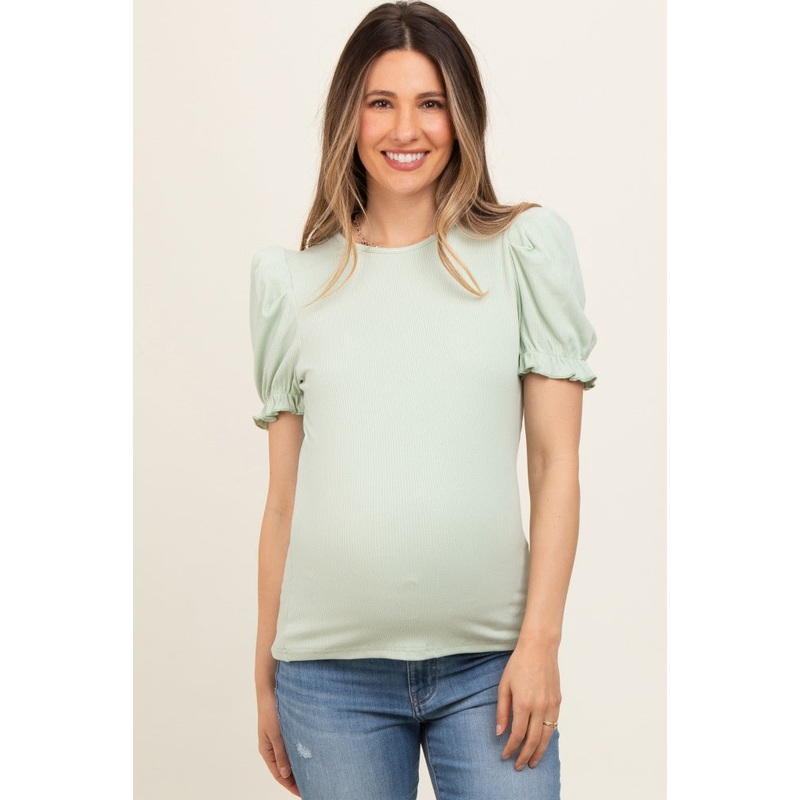 Sage Ribbed Puff Sleeve Maternity Top