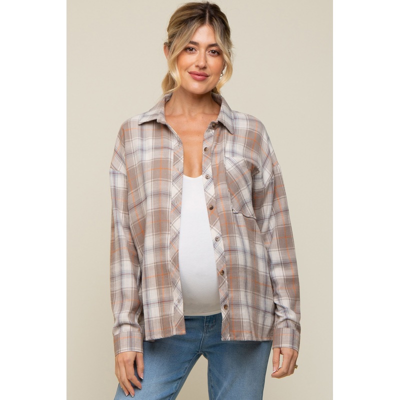 Taupe Flannel Plaid Button Up Maternity Top