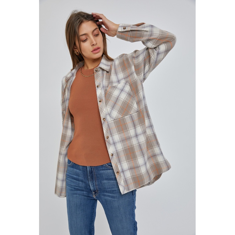 Taupe Flannel Plaid Button Up Top