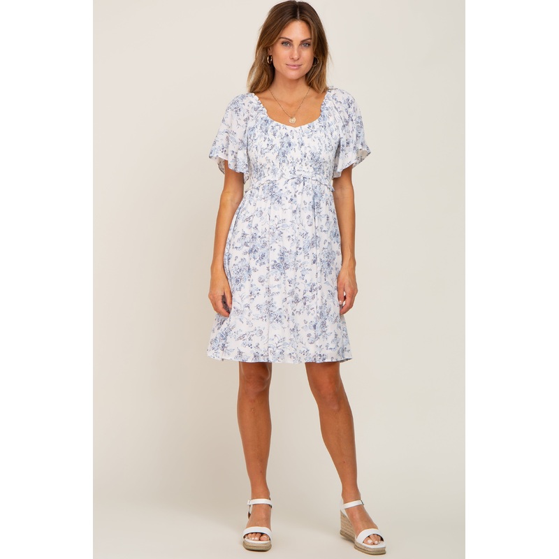 White Floral Print Smocked Ruffle Shoulder Dress