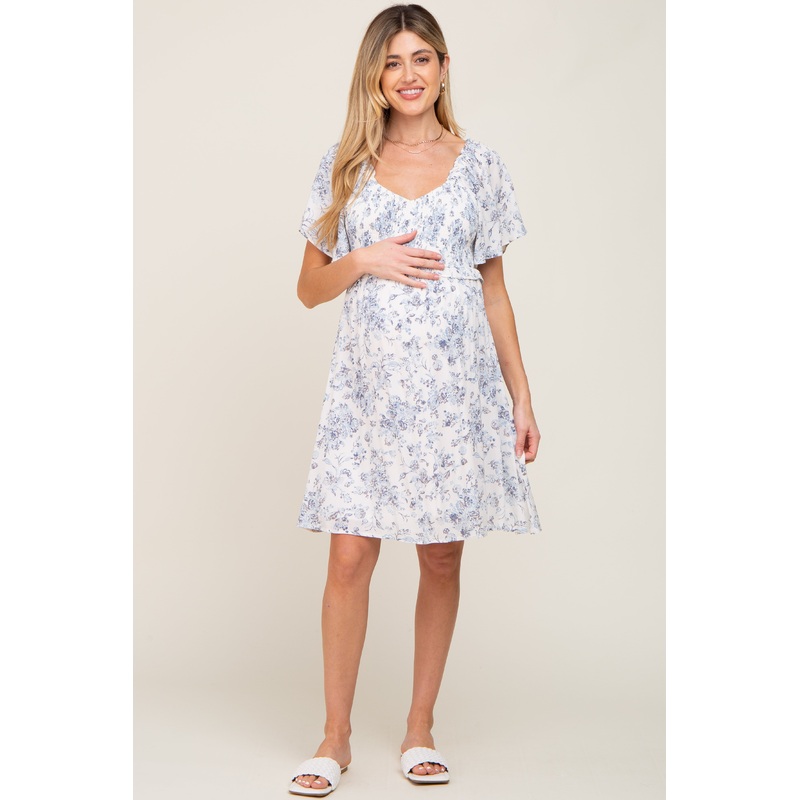 White Floral Print Smocked Ruffle Shoulder Maternity Dress