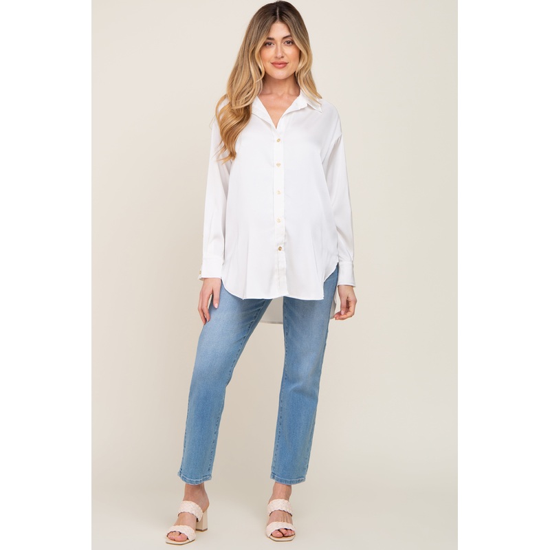 White Satin Button Up Maternity Blouse