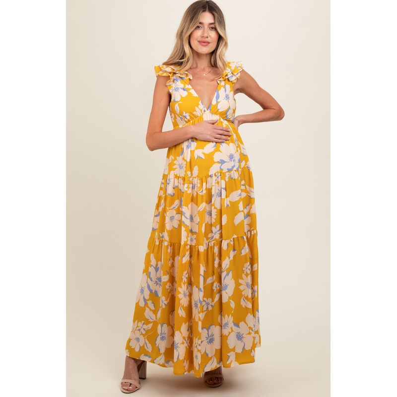 Yellow Floral Deep V-Neck Open Back Maternity Maxi Dress