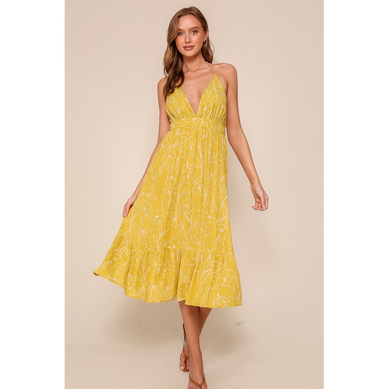 Yellow Floral Sleeveless Halter Neck Open Back Dress