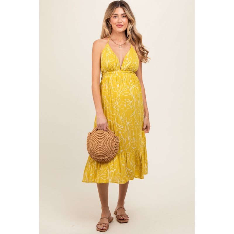 Yellow Floral Sleeveless Halter Neck Open Back Maternity Dress