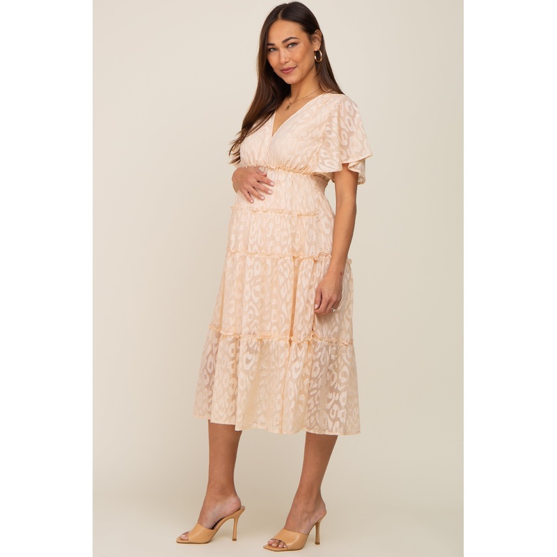 Beige Chiffon Animal Print Tiered Maternity Midi Dress