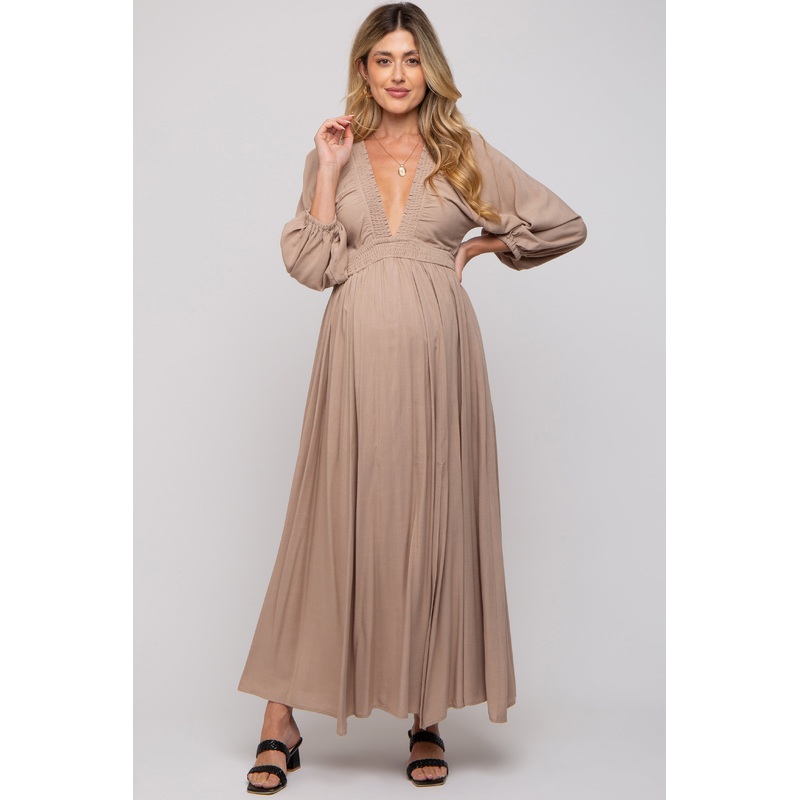 Beige Deep V-Neck Smocked Waist Maternity Maxi Dress