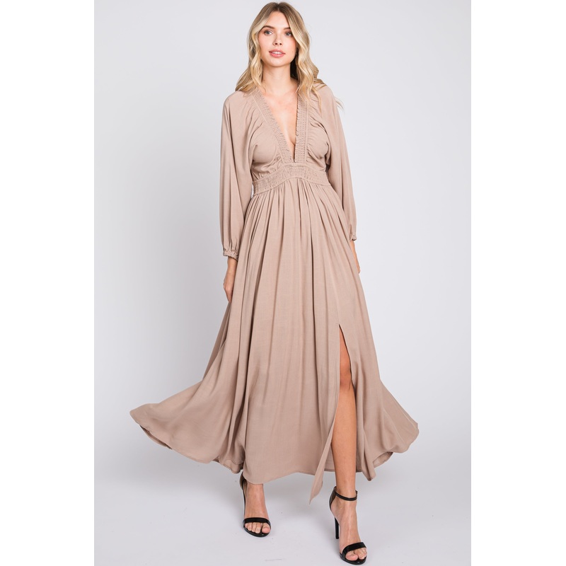 Beige Deep V-Neck Smocked Waist Maxi Dress