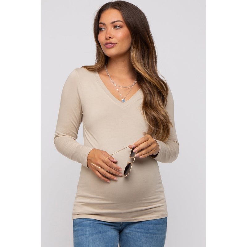 Beige Fitted Long Sleeve Maternity Top