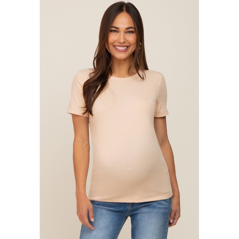 Beige Ribbed Short Sleeve Maternity Top