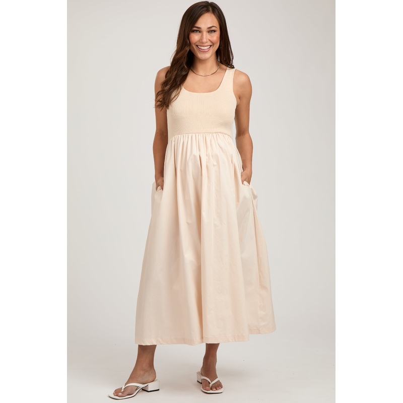 Beige Sleeveless A-line Maternity Midi Dress