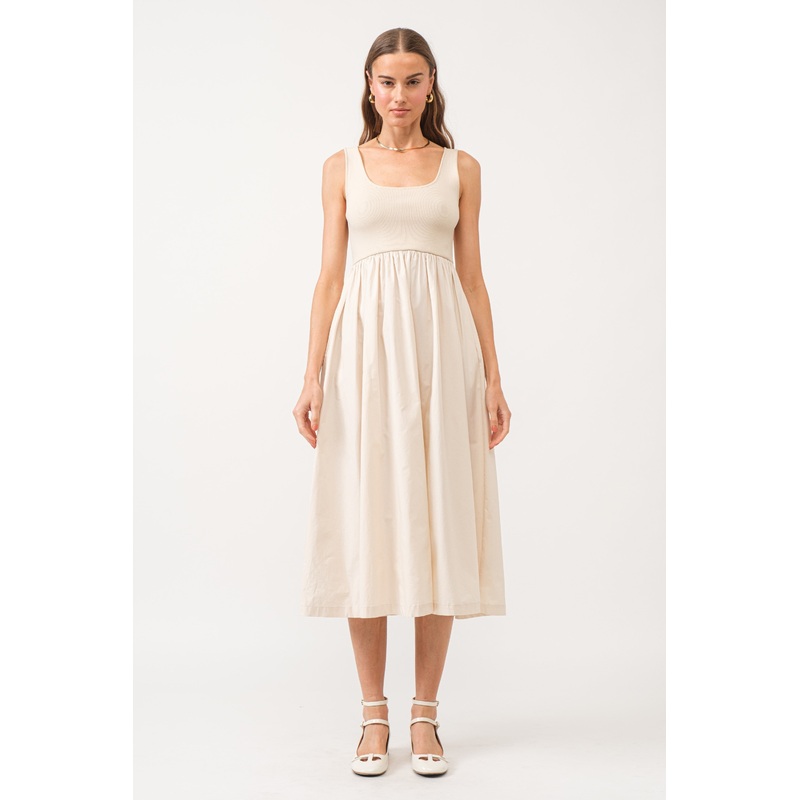 Beige Sleeveless A-line Midi Dress