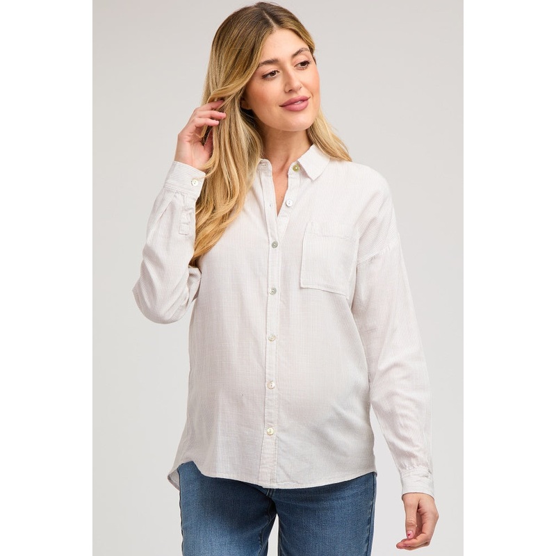 Beige Striped Basic Button Down Maternity Top
