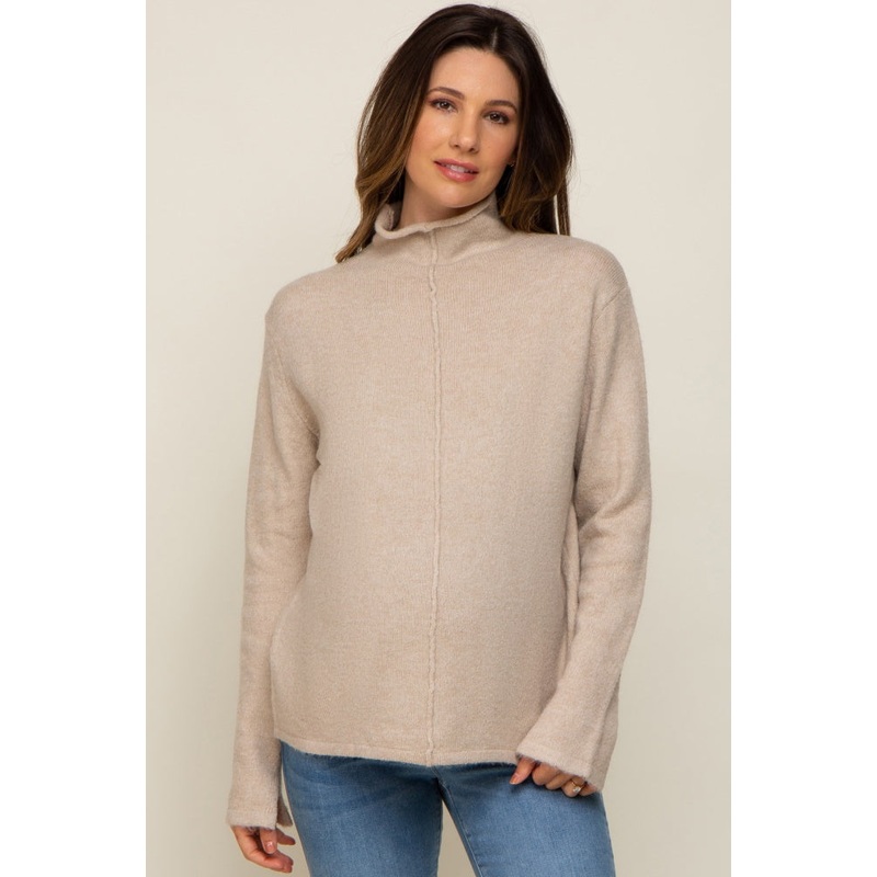 Beige Ultra Soft Mock Neck Maternity Sweater