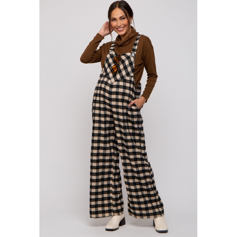 Black Plaid Button Front Wide Leg Maternity Overalls