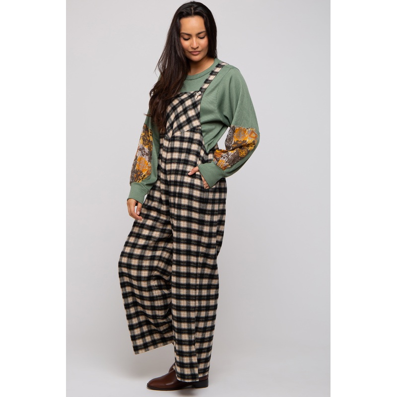 Black Plaid Button Front Wide Leg Overalls