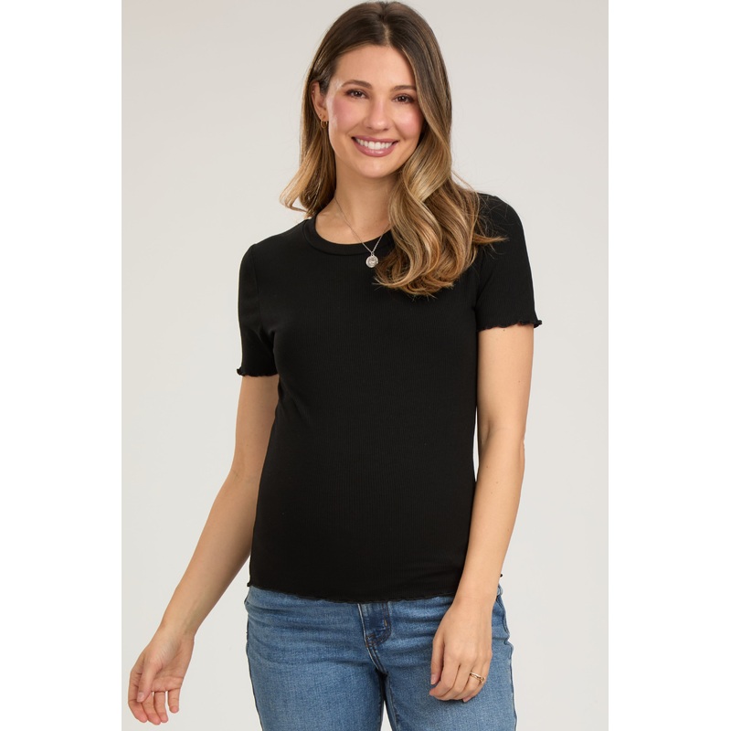 Black Ribbed Fitted Lettuce Trim Maternity Top