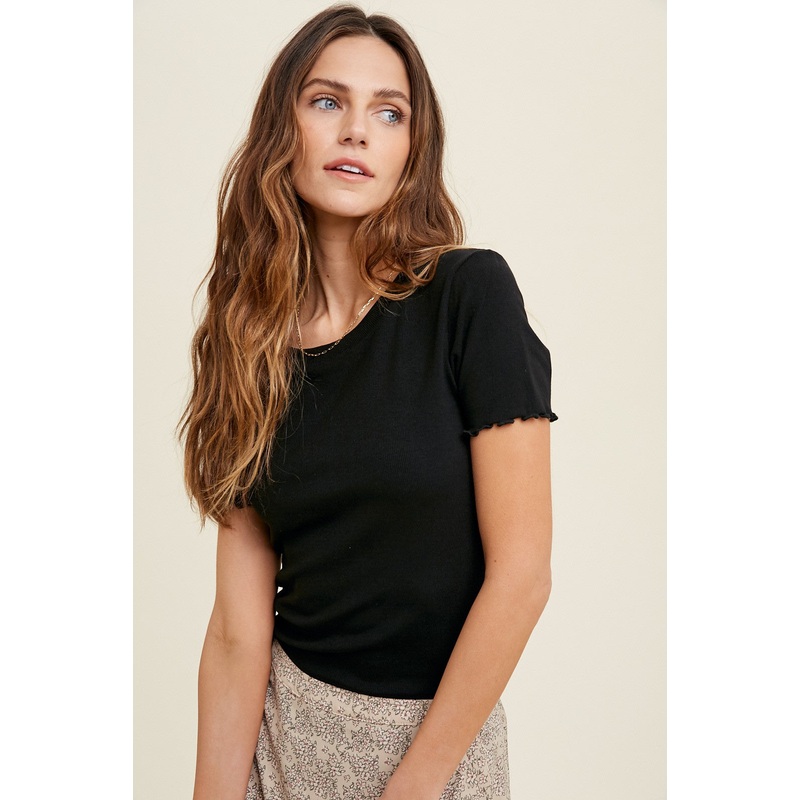 Black Ribbed Fitted Lettuce Trim Top