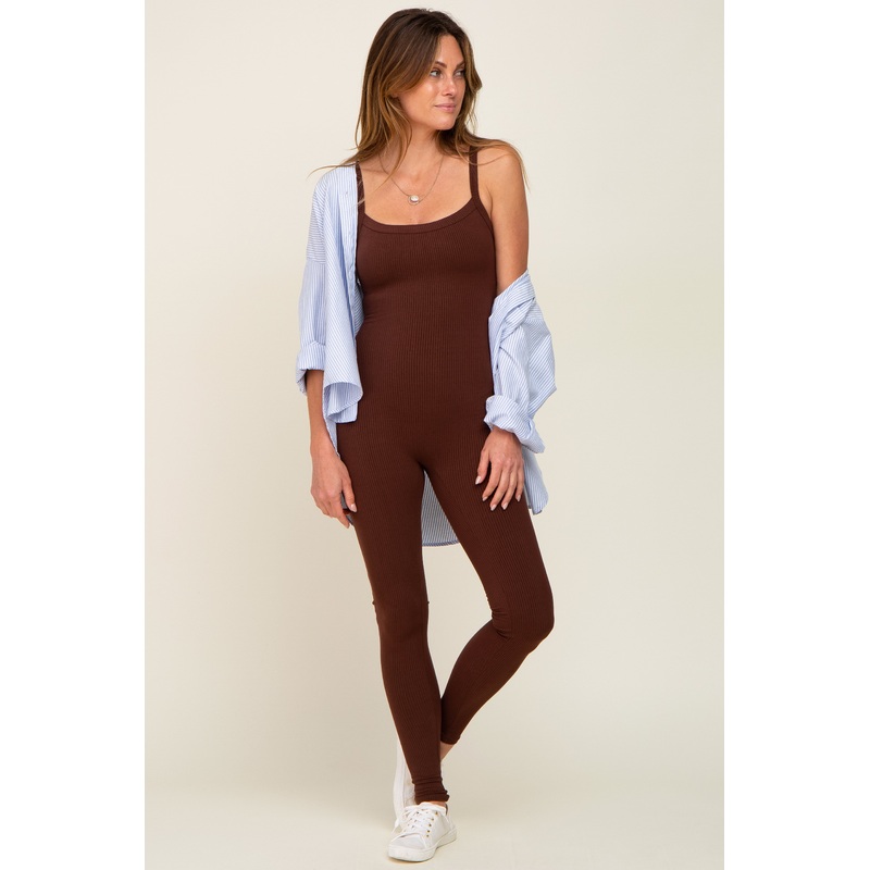 Brown Ribbed Sleeveless Jumpsuit