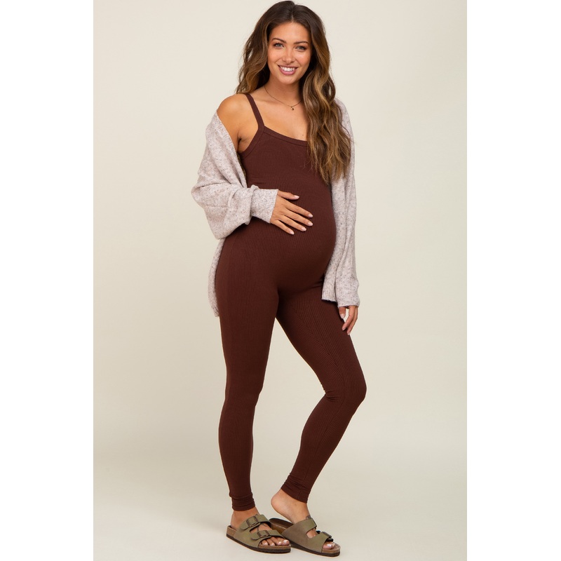 Brown Ribbed Sleeveless Maternity Jumpsuit