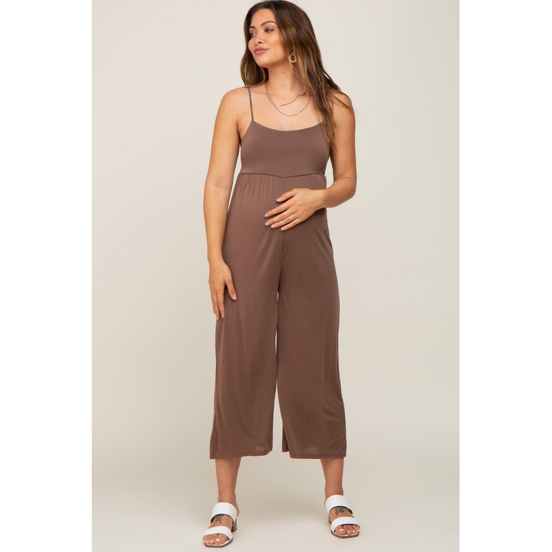 Brown Sleeveless Cropped Maternity Jumpsuit