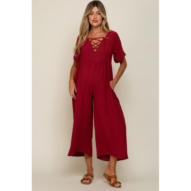 Burgundy Crisscross Wide Leg Maternity Jumpsuit