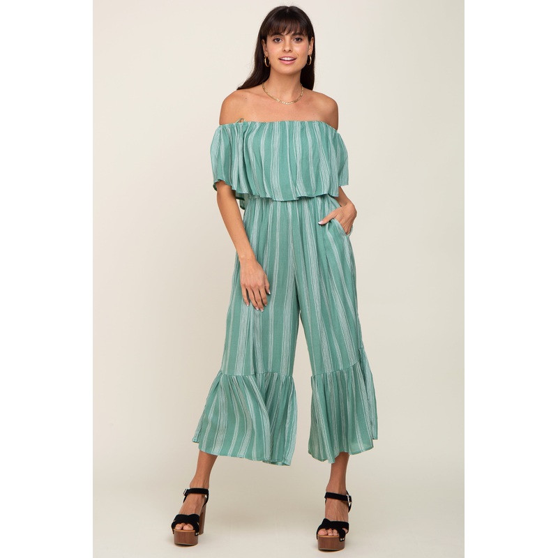 Green Striped Off Shoulder Jumpsuit