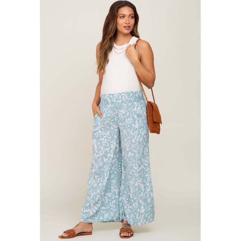 Light Blue Leaf Print Wide Leg Maternity Pants