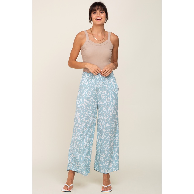 Light Blue Leaf Print Wide Leg Pants