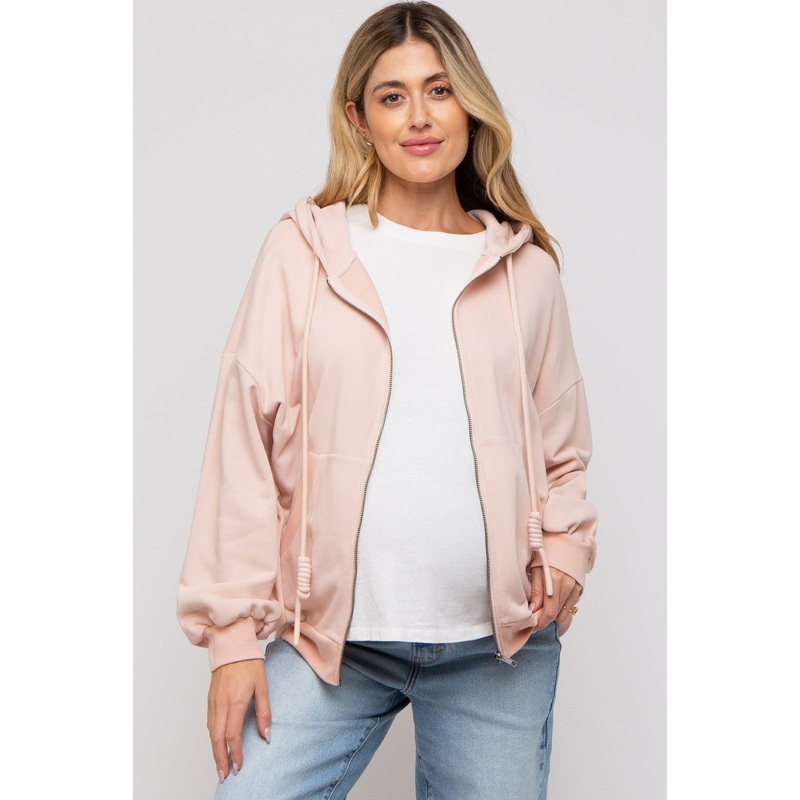 Light Pink Zipper Hooded Maternity Jacket